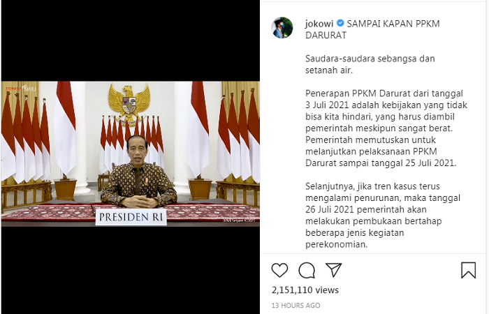Unggahan Presiden Jokowi terkait perpanjangan PPKM Darurat.