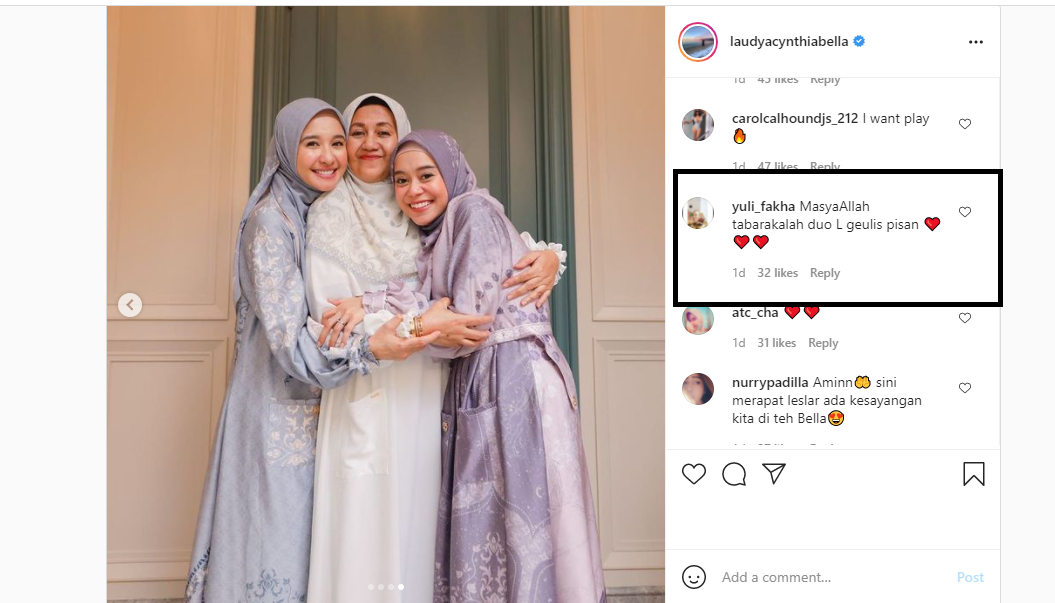 Laudya Cynthia Bella pun mengunggah foto momen saat Hari Raya Idul Fitri pamer kedekatan bersama Lesti Kejora.