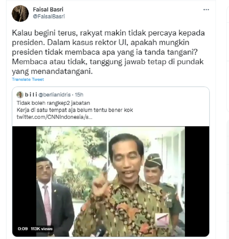 Faisal Basri Kritik Jokowi Izinkan Rangkap Jabatan Rektor UI: Rakyat  Makin Tidak Percaya Kepada Presiden
