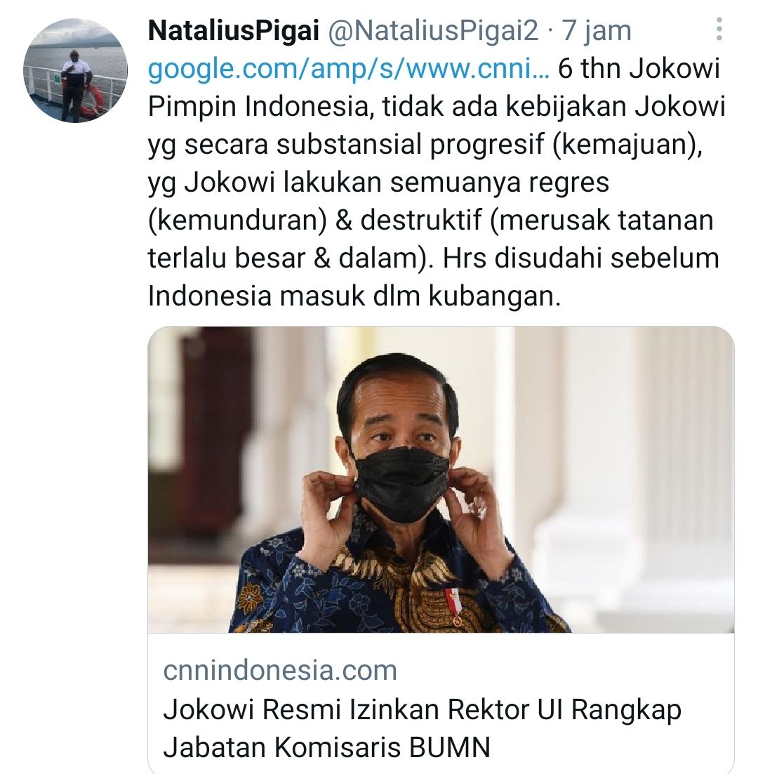Tangkapan layar cuitan Natalius Pigai soal kepemimpinan Jokowi./
