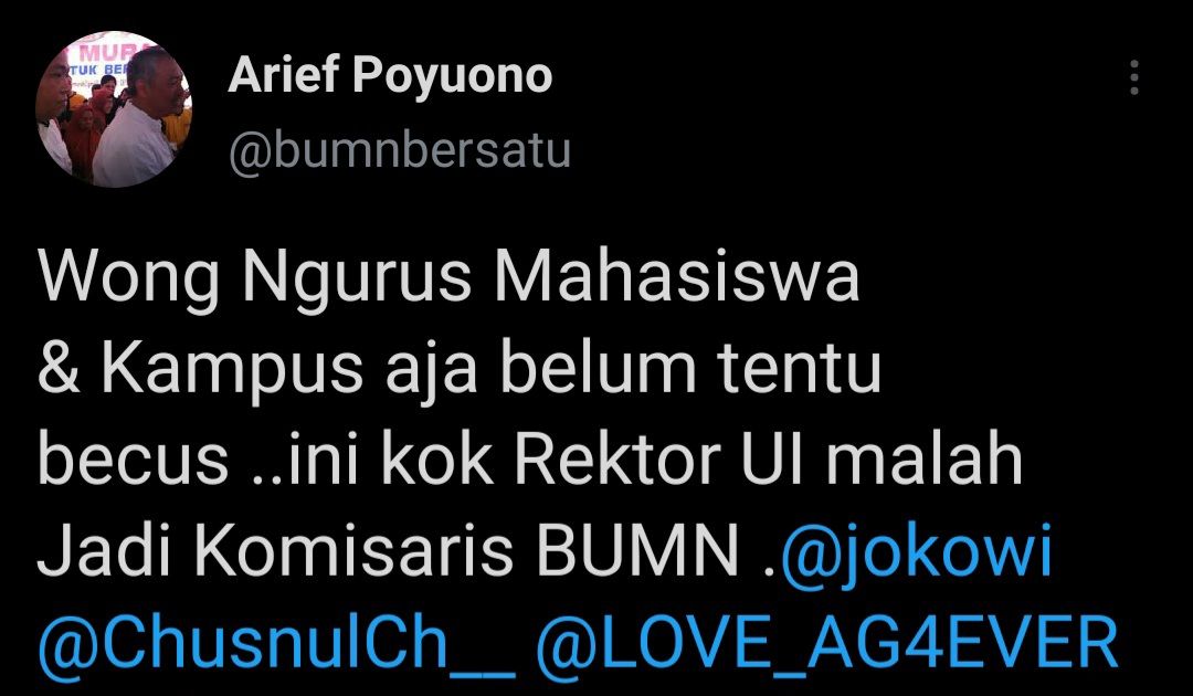 Arief Poyuono menyindir keras Rektor UI, Ari Kuncoro yang diizinkan rangkap jabatan sebagai Wakil Komisaris Utama BRI oleh Presiden Jokowi.