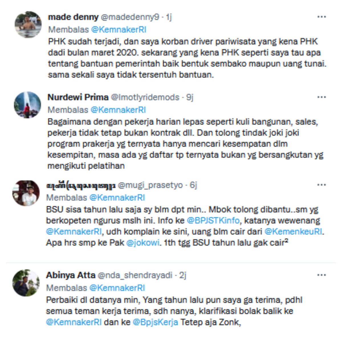 Komentar netizen pada cuitan pengumuman BLT di akun Twitter Kemnaker.