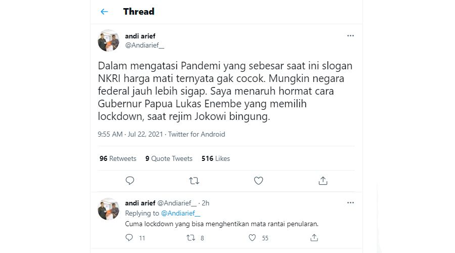 Andi Arief Beri Contoh ke Jokowi Cara Menghadapi Pandemi Covid-19 di Indonesia: Cuma Lockdown yang Bisa
