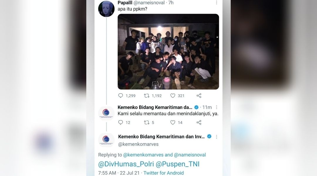 Unggahan Twitter remaja yang diduga langgar PPKM sampai ditandai akun Twitter Kemenkomarves