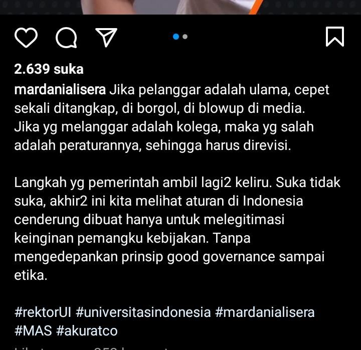 Unggahan Mardani Ali Sera yang menyoroti soal Rektor UI rangkap jabatan./tangkapan layar Instagram @mardanialisera.