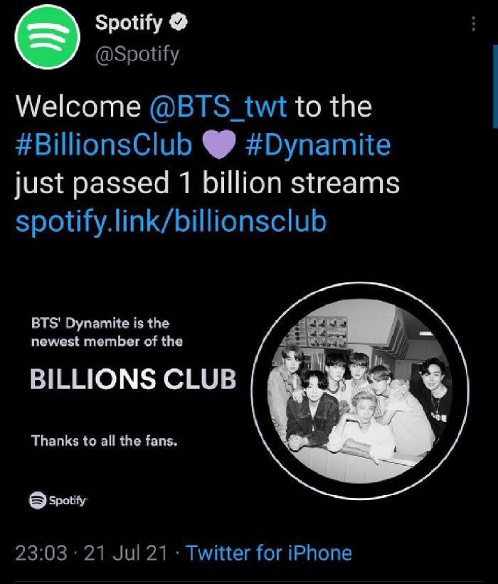 Spotify menyambut BTS ke 'Billions Club' setelah 'Dynamite' melampaui 1 miliar streaming