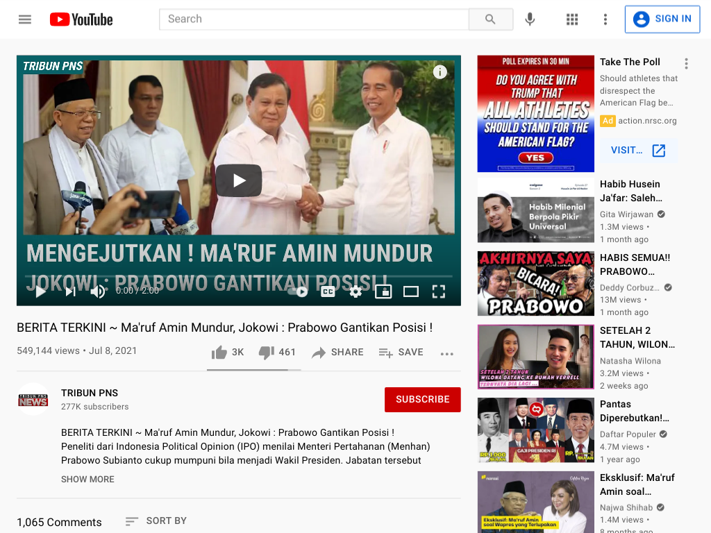 Tangkapan layar kabar tentang Jokowi menunjuk Prabowo sebagai Wakil Presiden menggantikan Ma'ruf Amin