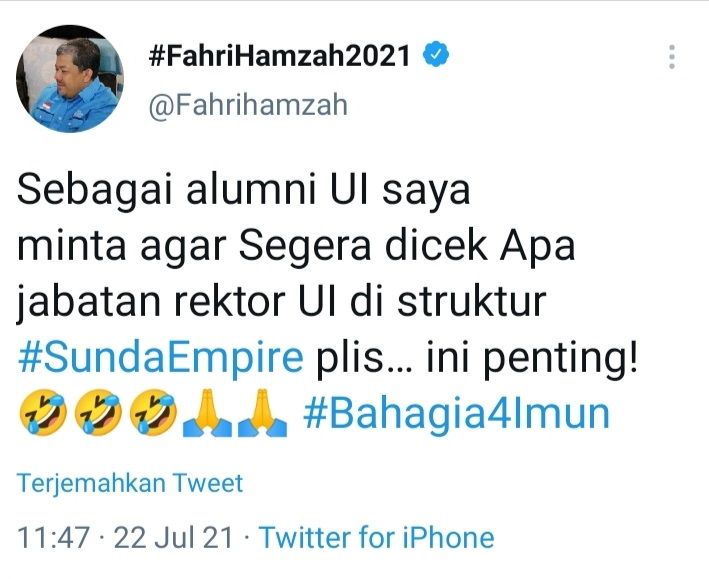 Cuitan Fahri Hamzah soal rektor UI.