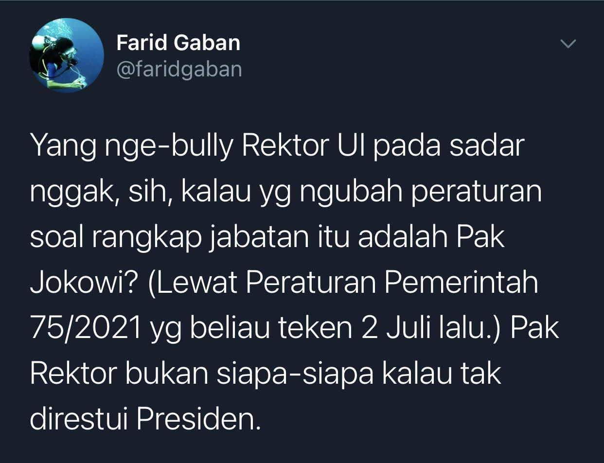Cuitan jurnalis senior, Farid Gaban yang merespons soal ramai rektor UI Ari Kuncoro diizinkan Jokowi rangkap jabatan sebagai Wakil Komisaris Utama Bank BRI.