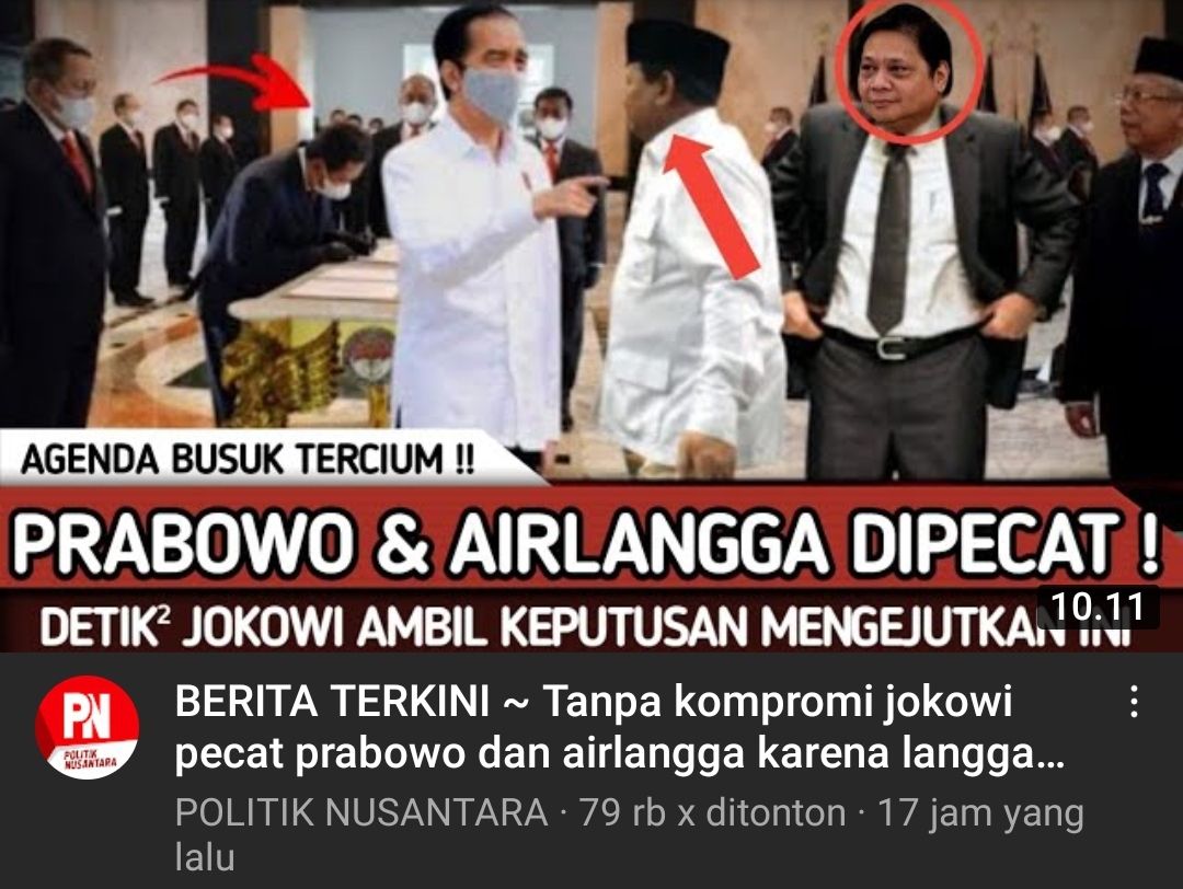 Klaim hoax dua menteri Jokowi, Prabowo dan Airlangga dipecat di YouTube