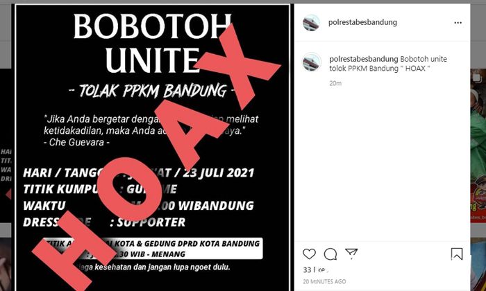 Unggahan Polrestabes Bandung yang menyatakan ajakan demo tolak PPKM Bandung dari Bobotoh Unite adalah hoaks