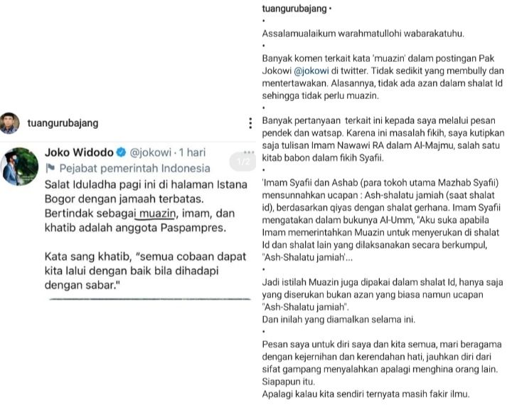 Tangkapan layar unggahan TGB soal istilah muazin yang disebut Jokowi saat salat Idul Adha./