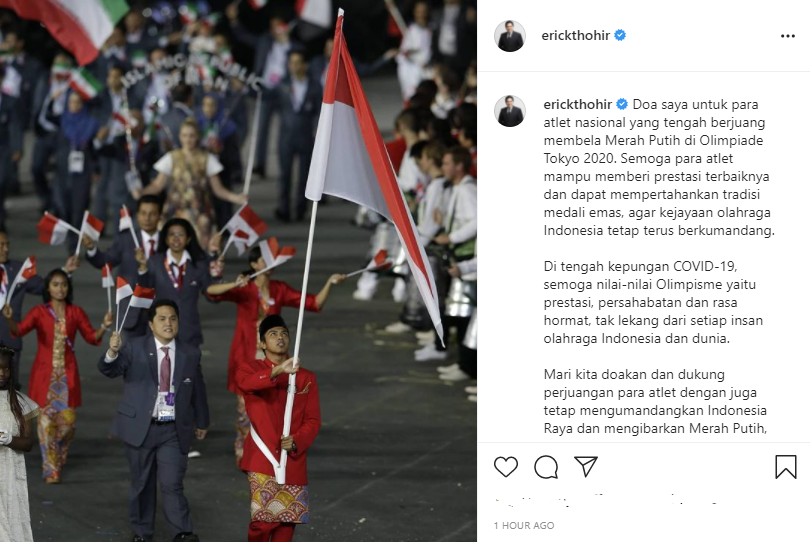 Menteri BUMN Erick Thohir memberikan dukungan dan berharap atlet Indonesia meraih medali emas di ajang Olimpiade Tokyo 2020.*