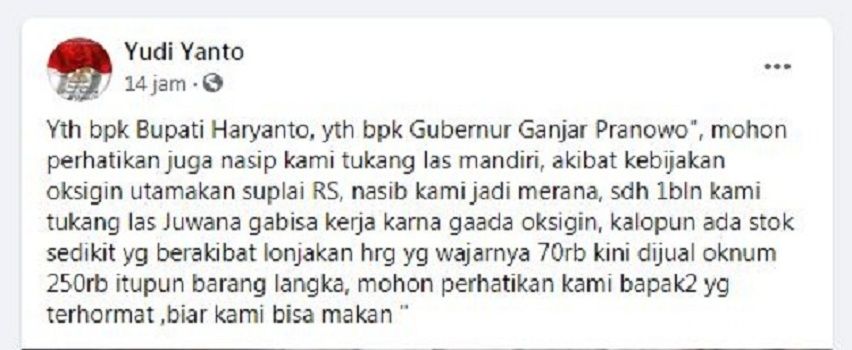 Tangkap Layar unggahan sosial media facebook akun Yudi Yanto yang di bagikan dalam group Media Informasi Warga Pati