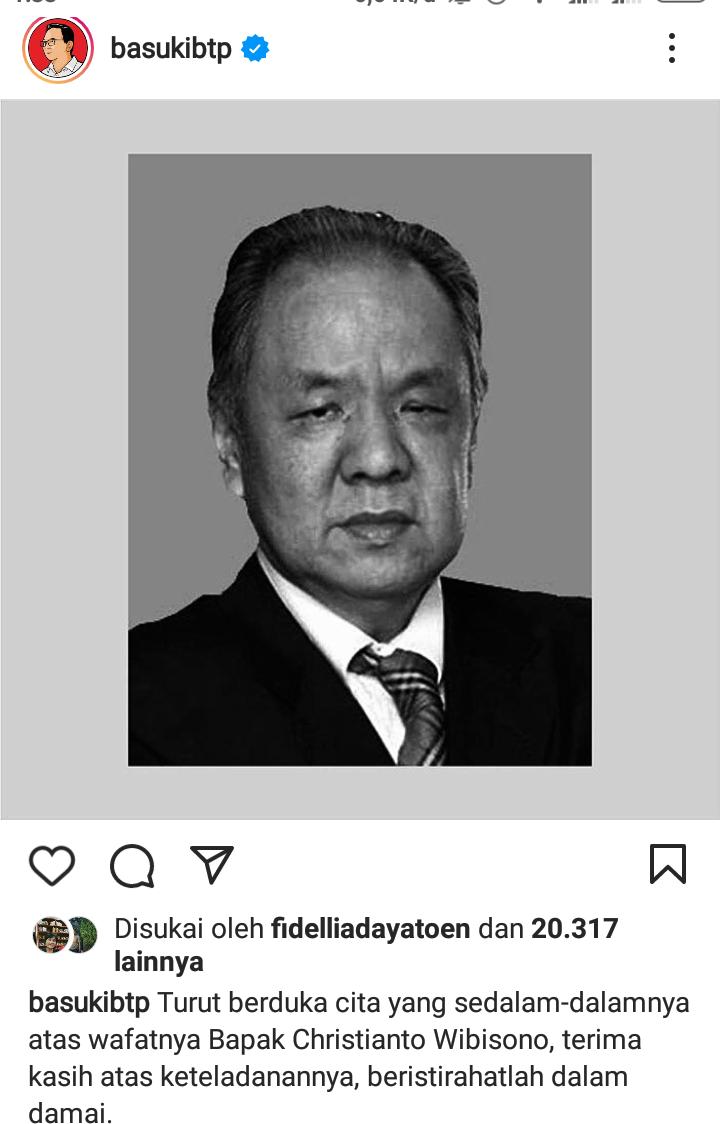 Tangkapan layar kabar duka cita yang disampaikan oleh Basuki Tjahaja Purnama (BTP) di akun Instagram-nya