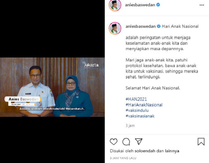 Tangkapan layar akun sosmed Instagram Gubernur DKI Jakarta, Anies Baswedan