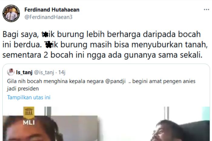 Cuitan Ferdinand Hutahaean yang sebut Pandji Pragiwaksono dan Adriano Qalbi sebagai bocah tidak berguna karena kritik Jokowi.