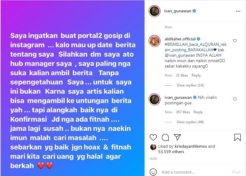 Postinganm instagram dari Ivan Gunawan, yang meminta agar akun gosip instagram DM dulu sebelum mengambil berita.