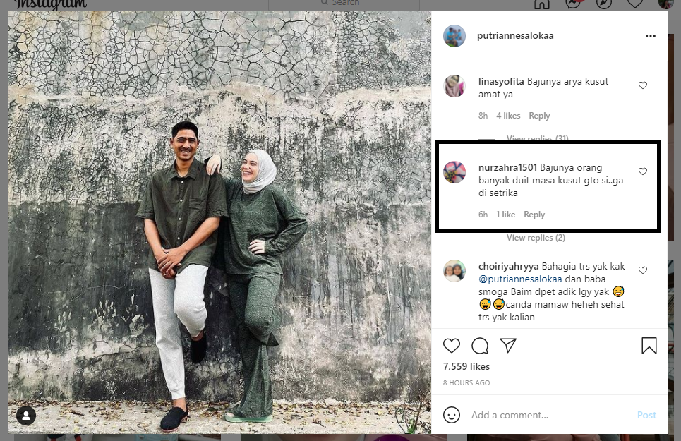 Netizen salah fokus dengan pakaian yang digunakan oleh Arya Saloka dalam unggahan Putri Anne dan komentar hal begini.