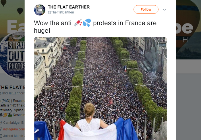 Kabar hoaks yang mengklaim foto diambil saat demo antivaksin di Prancis.