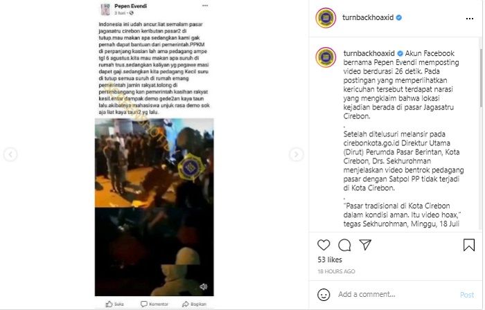 HOAKS - Beredar video yang menyebut terjadi kericuhan antara pedagang dan Satpol PP di Pasar Jagasatru Cirebon.*