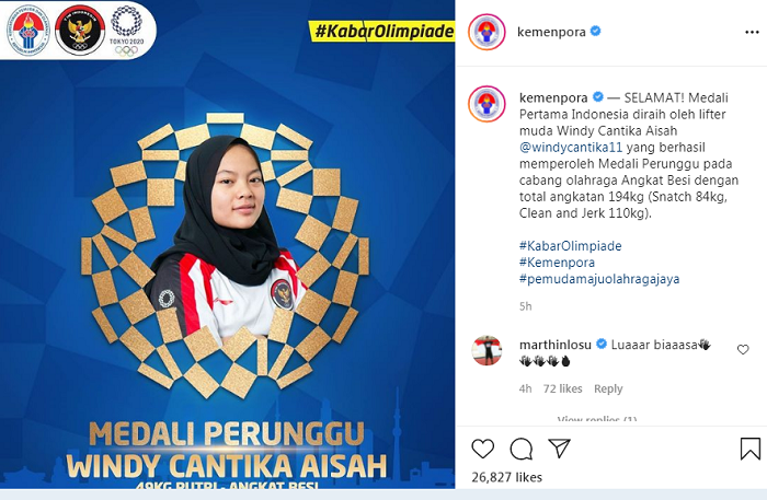 Unggahan akun Kemenpora soal Windy Cantika Aisah yang menyabet perunggu sebagai medali pertama untuk Indonesia di ajang Olimpiade Tokyo 2020.