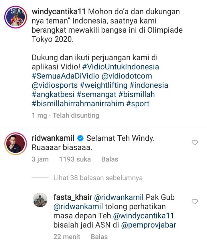 Akun Instagram Windy Cantika Aisah kebanjiran pujian. Salah satunya, dari akun Gubernur Jawa Barat, @ridwankamil 