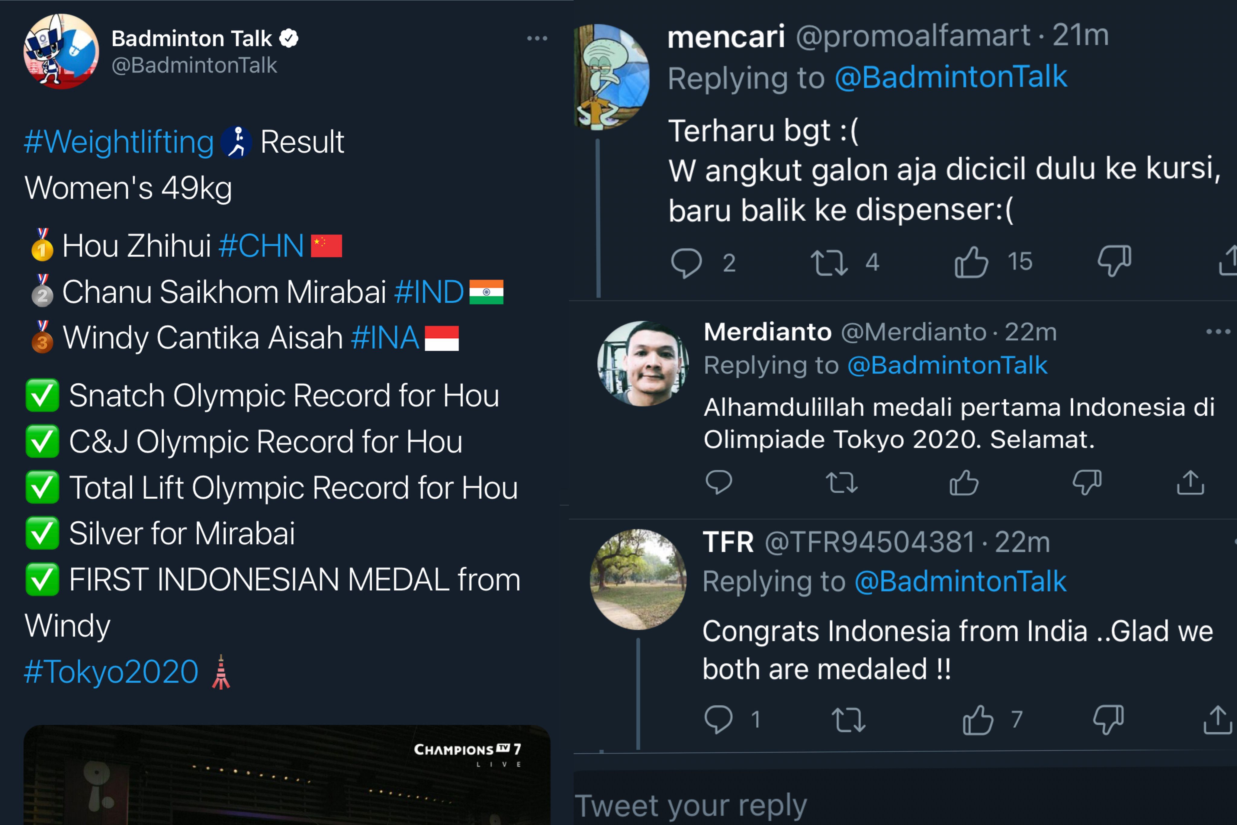 Cuitan netizen yang bangga atas keberhasilan Windy Cantika Aisah meraih medali perunggu dalam Olimpiade Tokyo 2021.