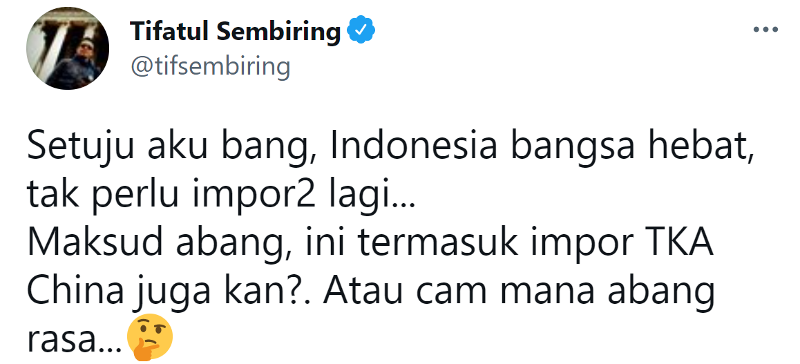 Tangkapan layar cuitan Tifatul Sembiring./Twitter/@tifsembiring