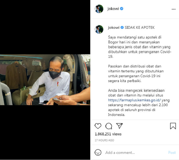 Unggahan Presiden Jokowi yang melakukan sidak ke apotek di Bogor.
