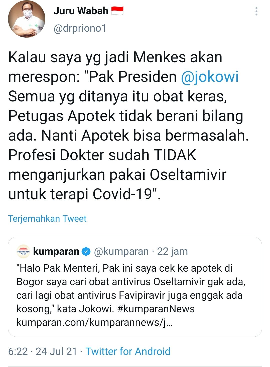 Tangkapan layar cuitan Pandu Riono soal blusukan Jokowi ke apotek./