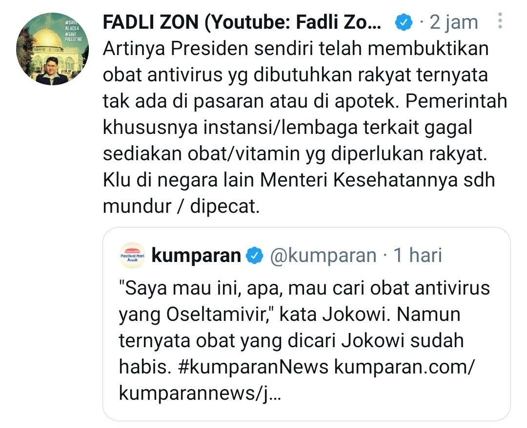 Tangkapan layar cuitan Fadli Zon soal aksi blusukan Jokowi ke apotek./