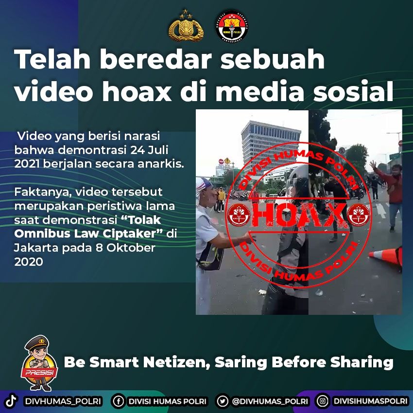 Video hoaks terkait kerusuan demontrasi di Jakarta yang diunggah di berbagai lini Medsos, Sabtu 24 Juli 2021