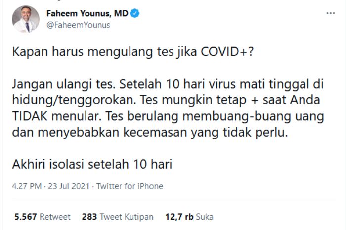 Pesan dr. Faheem Younus bahwa pasien Covid-19 bisa mengakhiri isolasi setelah sepuluh hari.