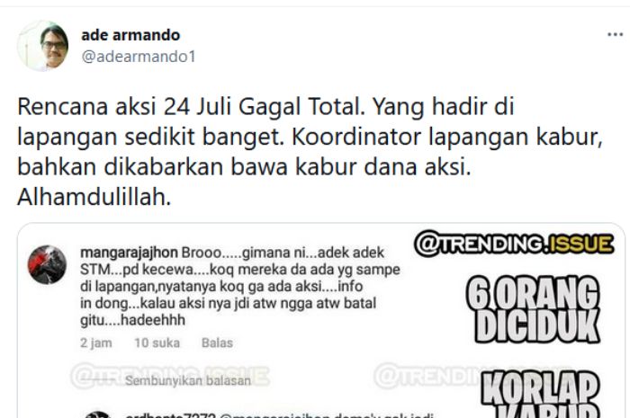 Cuitan Ade Armando Ade Armando mengungkapkan rasa syukurnya aksi penolakan PPKM dalam demo Jokowi End Game sepi peminat.