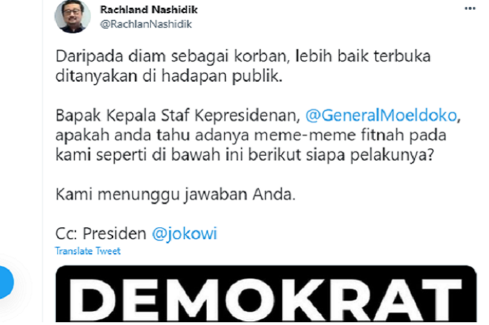 Rachland Nashidik pun menyentil Moeldoko terkait adanya fitnah pada Partai Demokrat soal demo 'Jokowi EndGame'. 