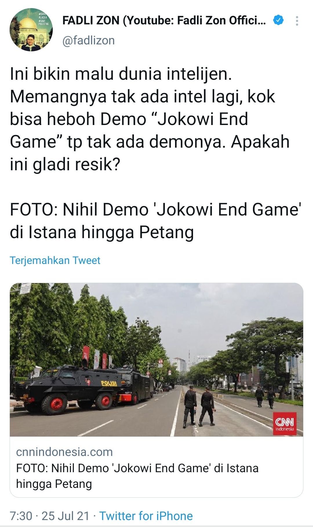 Tangkpan layar cuitan Fadli Zon soal aksi demo 'Jokowi End Game'./