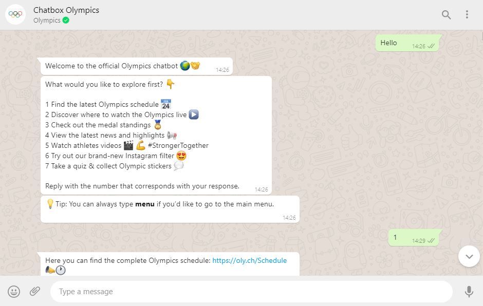 Ilustrasi isi percakapan Chatbox Olympics via aplikasi WhatsApp./WhatsApp