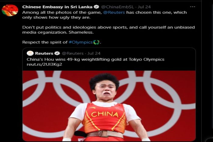 Cuitan akun Twitter Kedubes China di Sri Lanka.