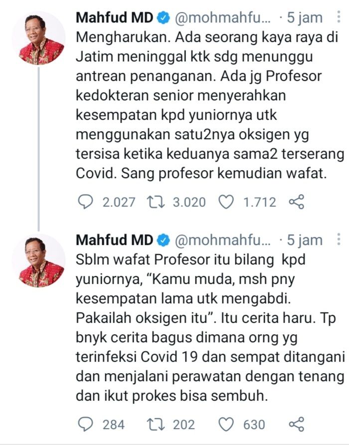 Cuitan Mahfud MD soal penderitaan pasien Covid-19 di Jawa Timur.