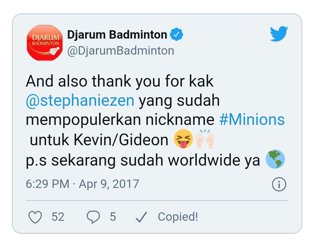 Cuitan dari @DjarumBadminton tentang julukan The Minions yang mendunia. 