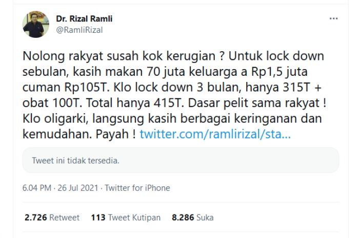 Rizal Ramli bahas lockdown tiga bulan dengan biaya Rp415 Triliun dan minta untuk tidak pelit pada rakyat.