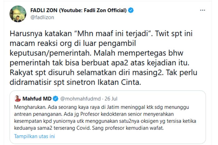 Fadli Zon kritik pernyataan Mahfud MD yang seakan  perintah rakyat selamatkan diri masing-masing dari Covid-19.