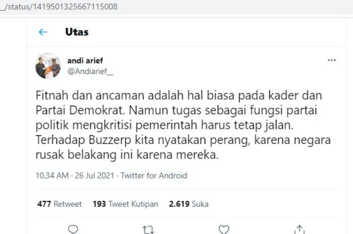 Andi Arief menyatakan perang pada buzzeRp yang dianggap telah menyerang kader dan Partai Demokrat dengan fitnah serta ancaman.
