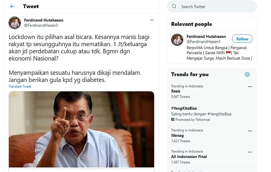 Cuitan mantan politisi Partai Demokrat  Ferdinand Hutahaean  sindir Jusuf Kalla /