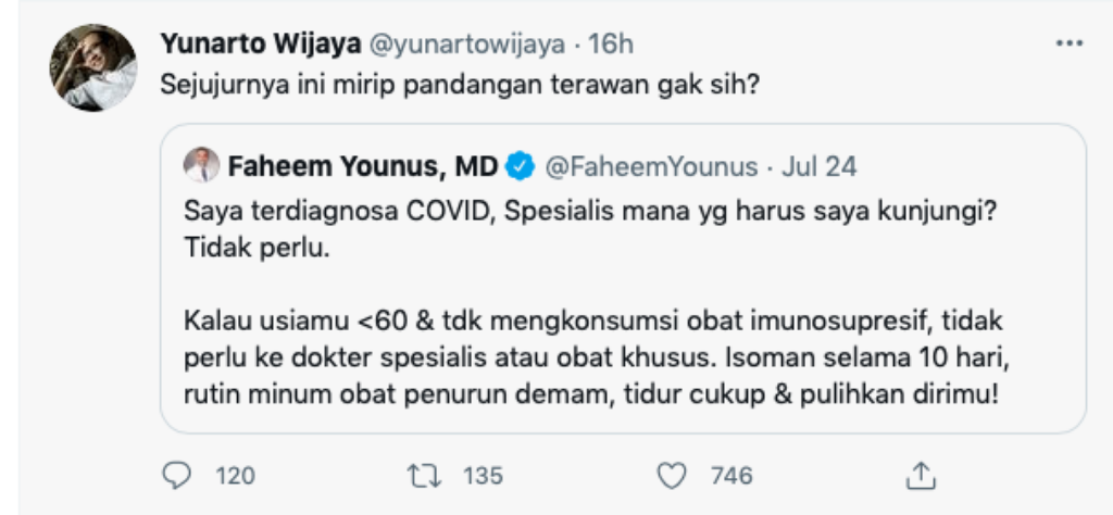 Yunarto Wijaya menyebut statemen Faheem Younus terkait Covid-19 mirip dengan Terawan.