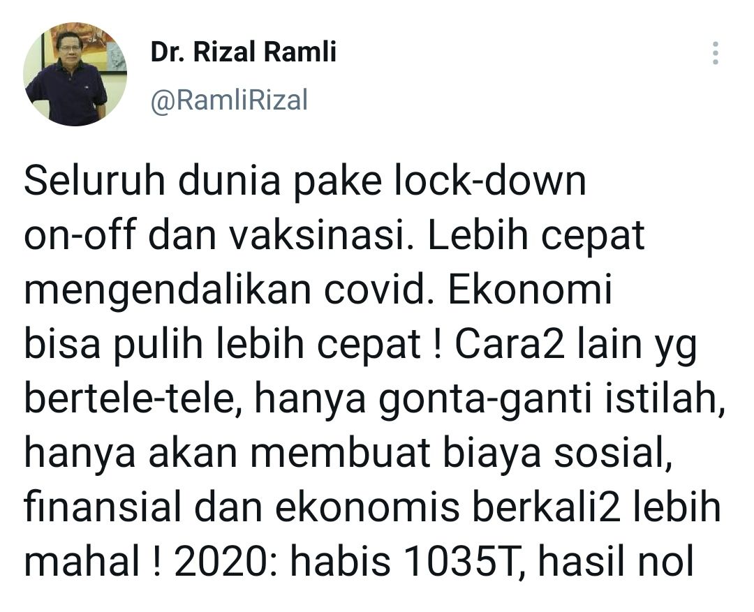 Tangkapan layar cuitan Rizal Ramli yang minta Indonesia lakukan lockdown./