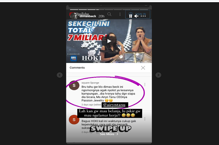 Tangkapan layar unggahan Instagram story Dimas Beck saat menanggapi komentar netizen. 