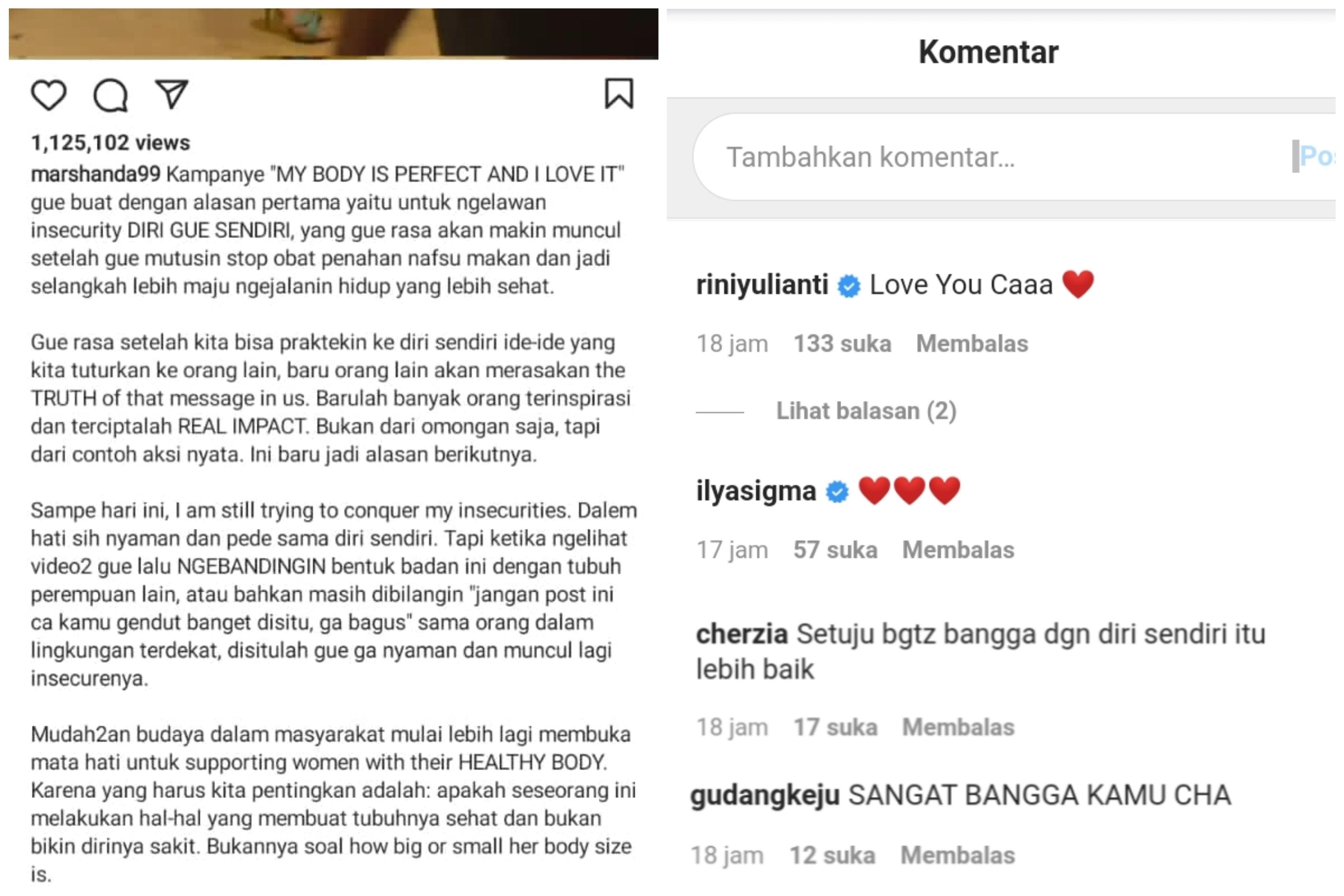 Unggahan Marshanda tentang kampanyekan cintai diri sendiri di akun Instagram pribadi miliknya.