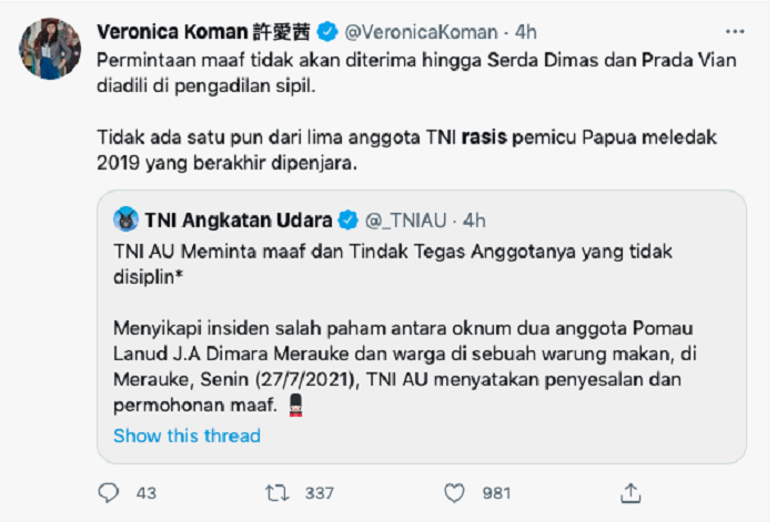 Veronica Koman menyebutkan bahwa permintaan maaf TNI AU tidak diterima sebelum Serda Dimas dan Prada Vian diadili di pengadilan sipil.